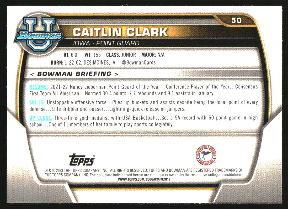 2022-23 Bowman Chrome University #50 Caitlin Clark RC - Image 2