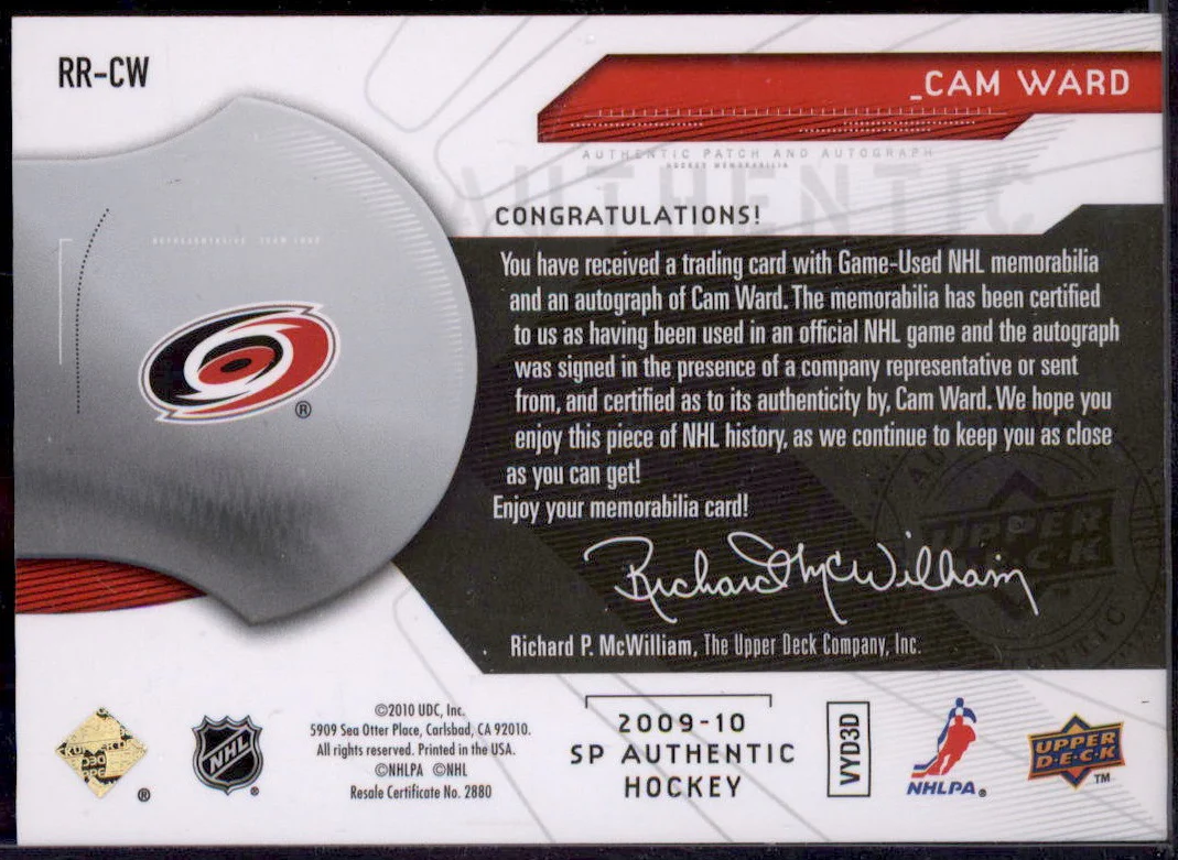 2009-10 SP Authentic Rookie Review Auto Patches Cam Ward Autograph Auto /100 - Image 2