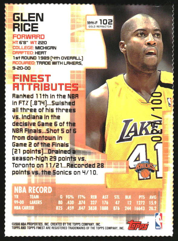 2000-01 Topps Finest Gold Refractors #102 Glen Rice /100 - Image 2
