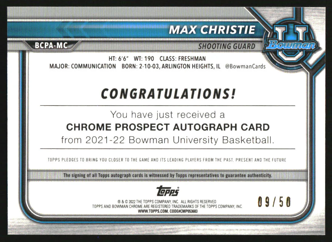 2021-22 Bowman Chrome University Prospect Autographs Gold Max Christie Auto /50 - Image 2