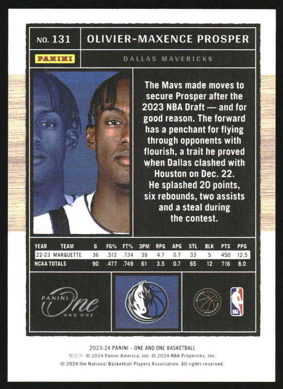 2023-24 Panini One & One Basketball Green #131 Olivier-Maxence Prosper RC /5 - Image 2