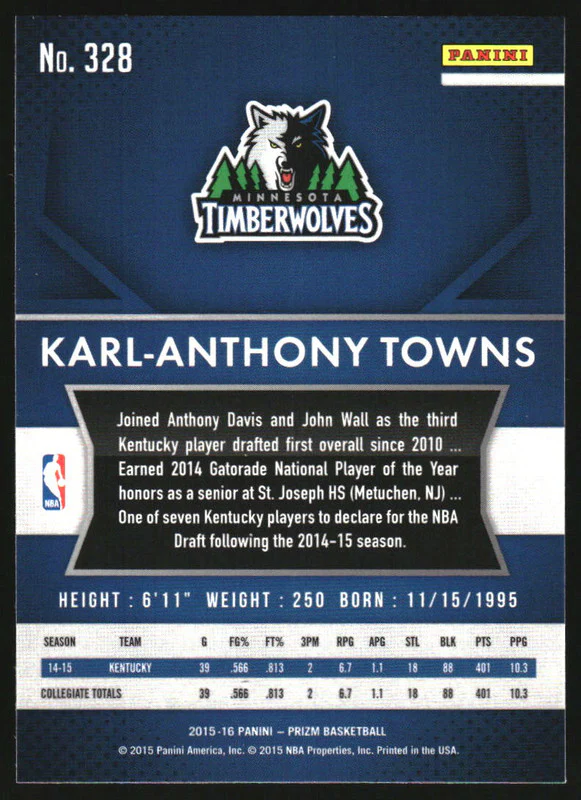 2015-16 Panini Prizm #328 Karl-Anthony Towns RC - Image 2