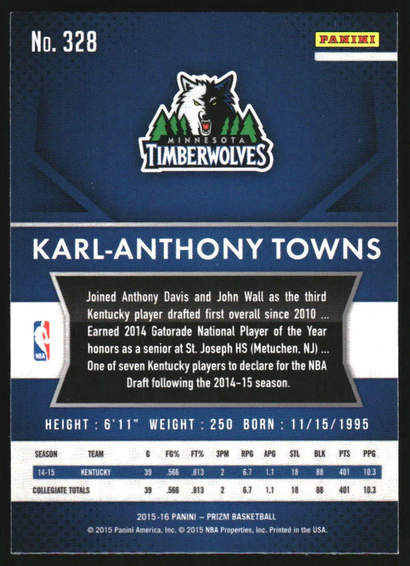 2015-16 Panini Prizm #328 Karl-Anthony Towns RC - Image 2