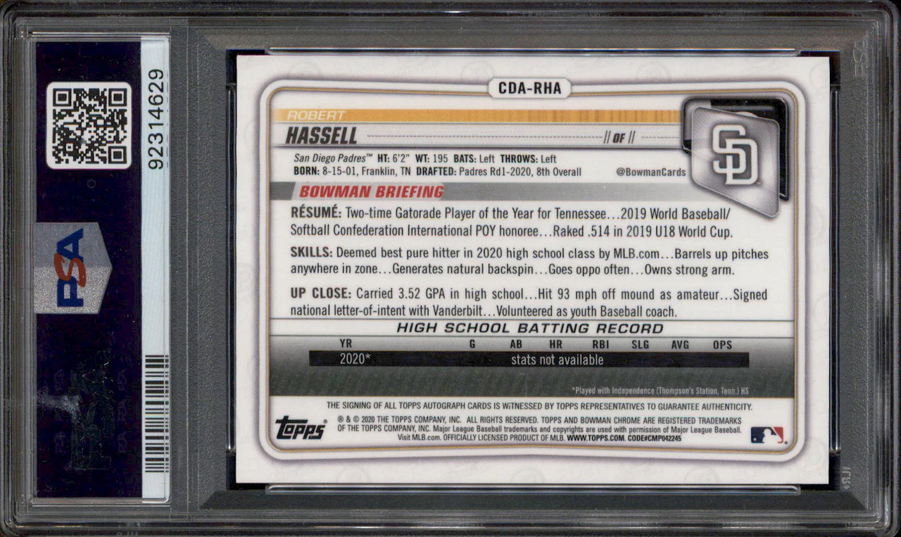 2020 Bowman Draft Chrome Draft Picks Auto Gold Wave Robert Hassell RC /50 PSA 9 - Image 2