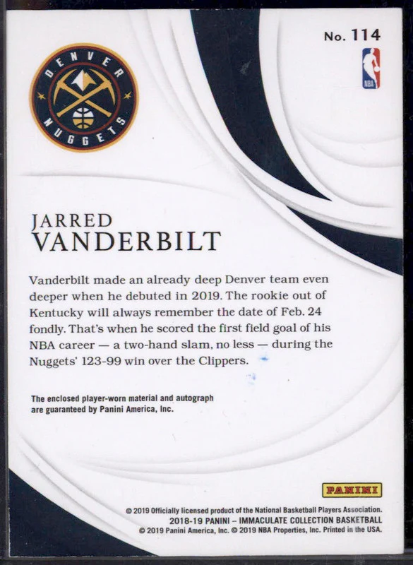 2018 Immaculate Collection Rookie Patch Premium Jarred Vanderbilt RC Auto /24 - Image 2
