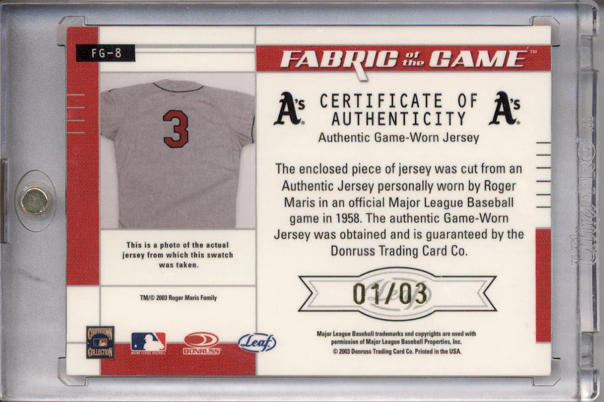 2003 Leaf Certified Materials Fabric Game Jersey Number #FG-8 Roger Maris /3 - Image 2