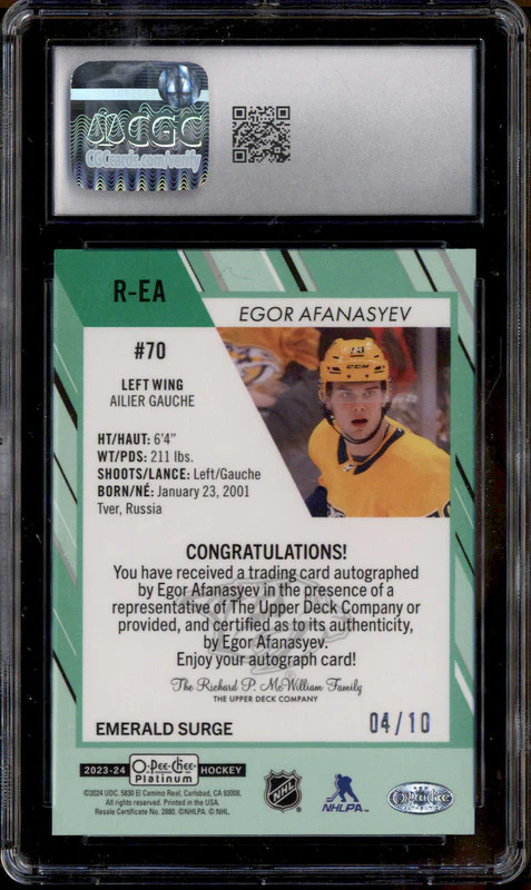 2023 O-Pee-Chee Platinum Rookie Auto Emerald Surge Egor Afanasyev RC /10 CGC 10 - Image 2