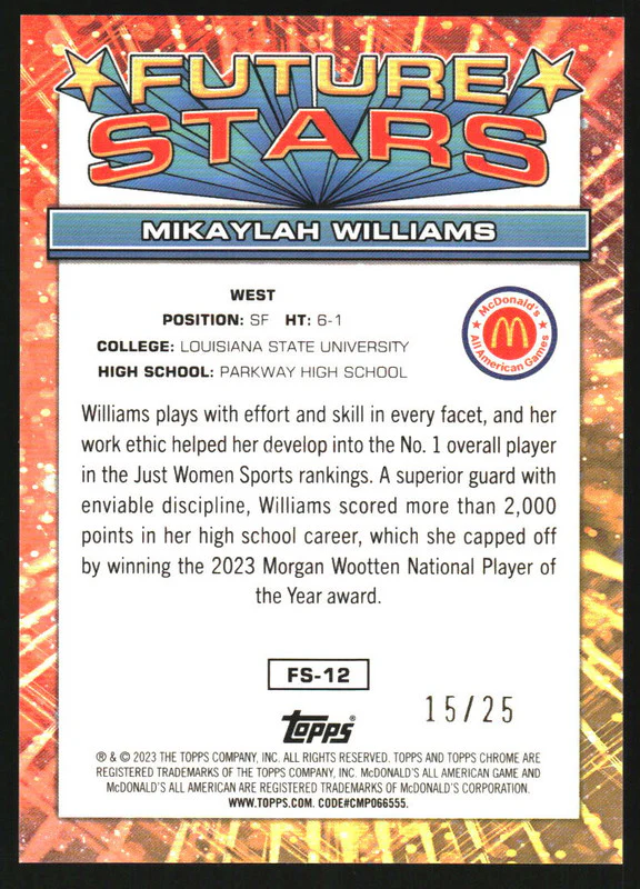 2023 Topps Chrome McDonalds Future Stars Orange Basketball Mikaylah Williams /25 - Image 2
