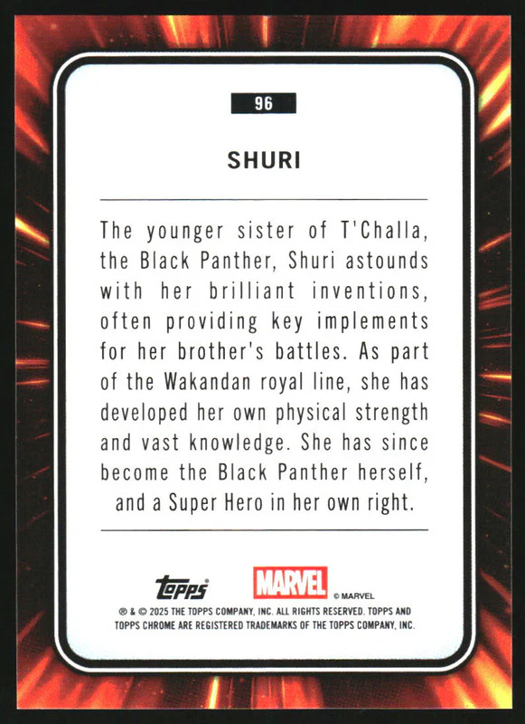 2025 Topps Chrome Marvel Iron Man Red & Gold Lazer Refractor #96 Shuri /100 - Image 2
