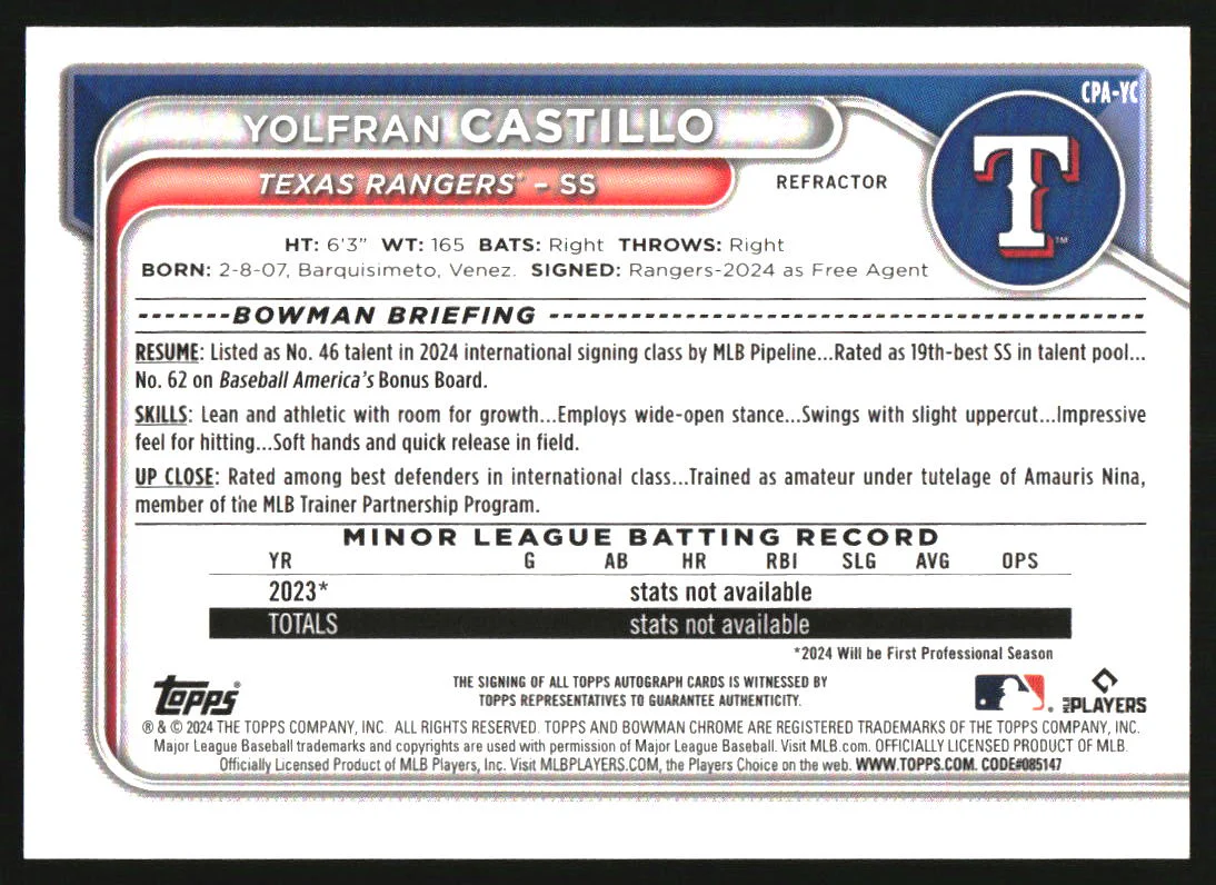 2024 Bowman Chrome Autographs Refractor #CPA-YC Yolfran Castillo RC Auto /499 - Image 2