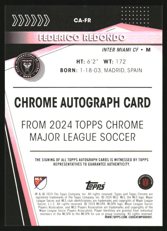 2024 Topps Chrome MLS Chrome Gold Refractor Federico Redondo Autograph Auto /50 - Image 2