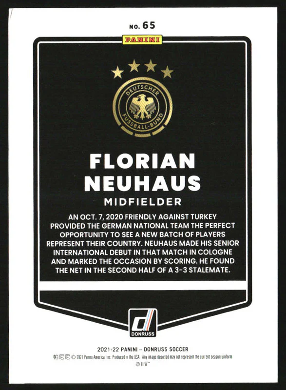 2021 Panini Donruss Holo Black Laser #65 Florian Neuhaus 1/1 - Image 2