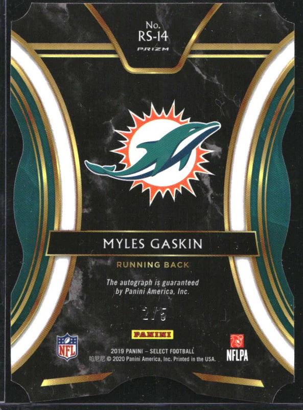 2019 Select Rookie Signatures Green Prizm Die Cut #RS-14 Myles Gaskin RC Auto /5 - Image 2