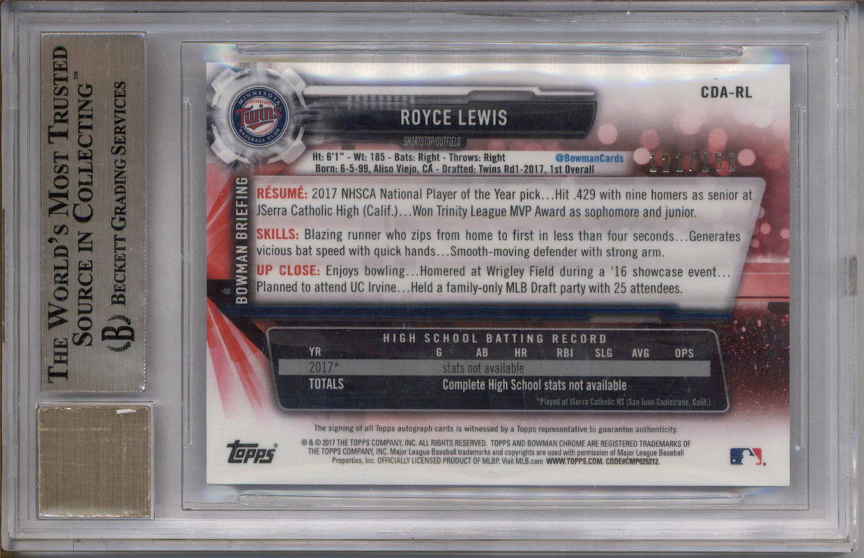2017 Bowman Chrome Autographs Blue Refractors Royce Lewis RC Auto /150 BGS 9.5 - Image 2