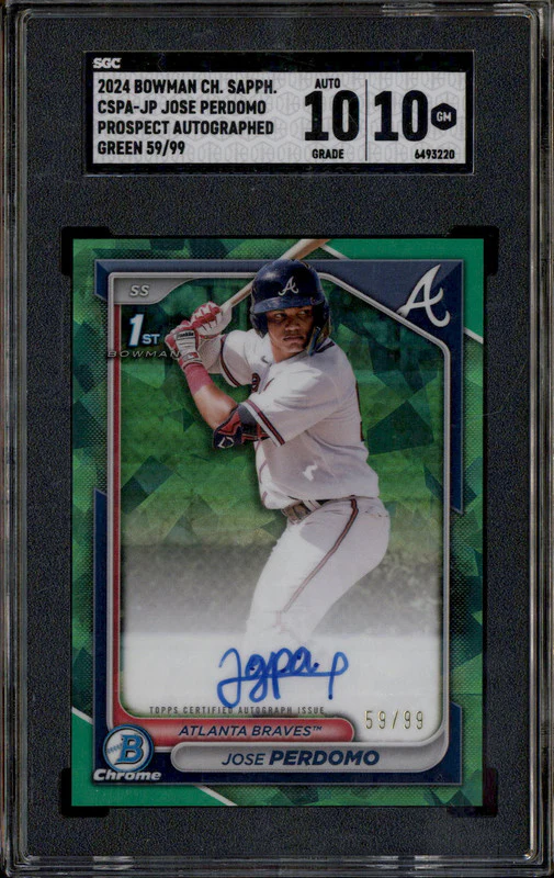 2024 Bowman Chrome Sapphire Prospect Auto Green Jose Perdomo RC /99 SGC 10