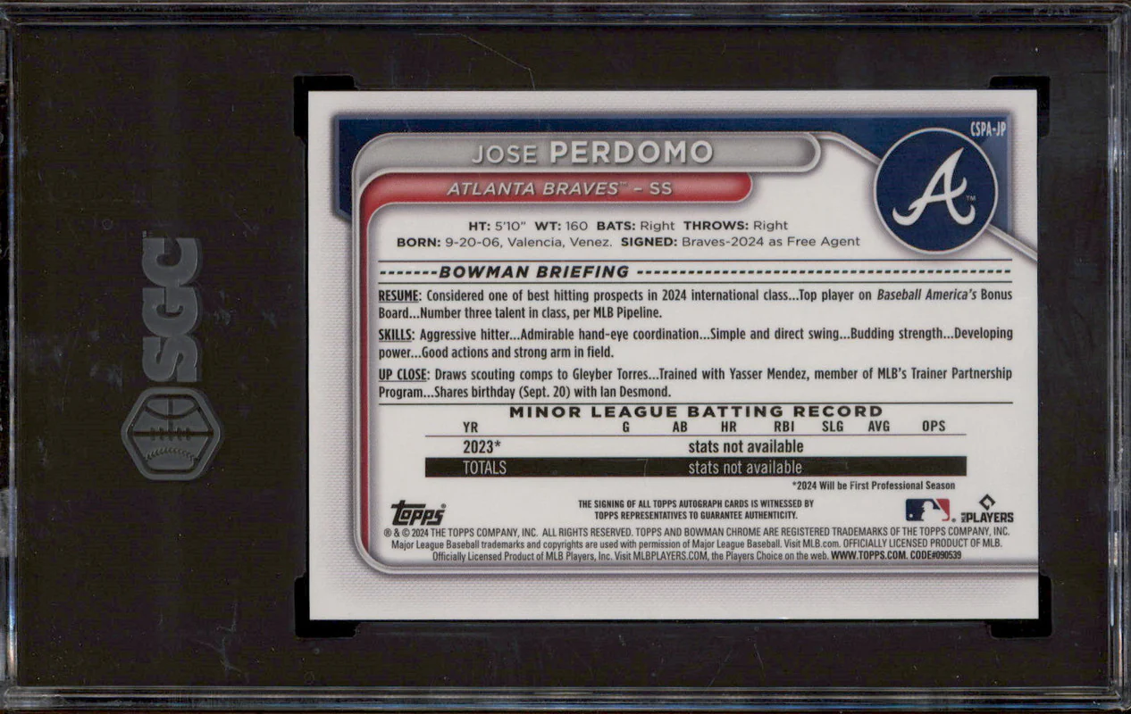 2024 Bowman Chrome Sapphire Prospect Auto Green Jose Perdomo RC /99 SGC 10 - Image 2