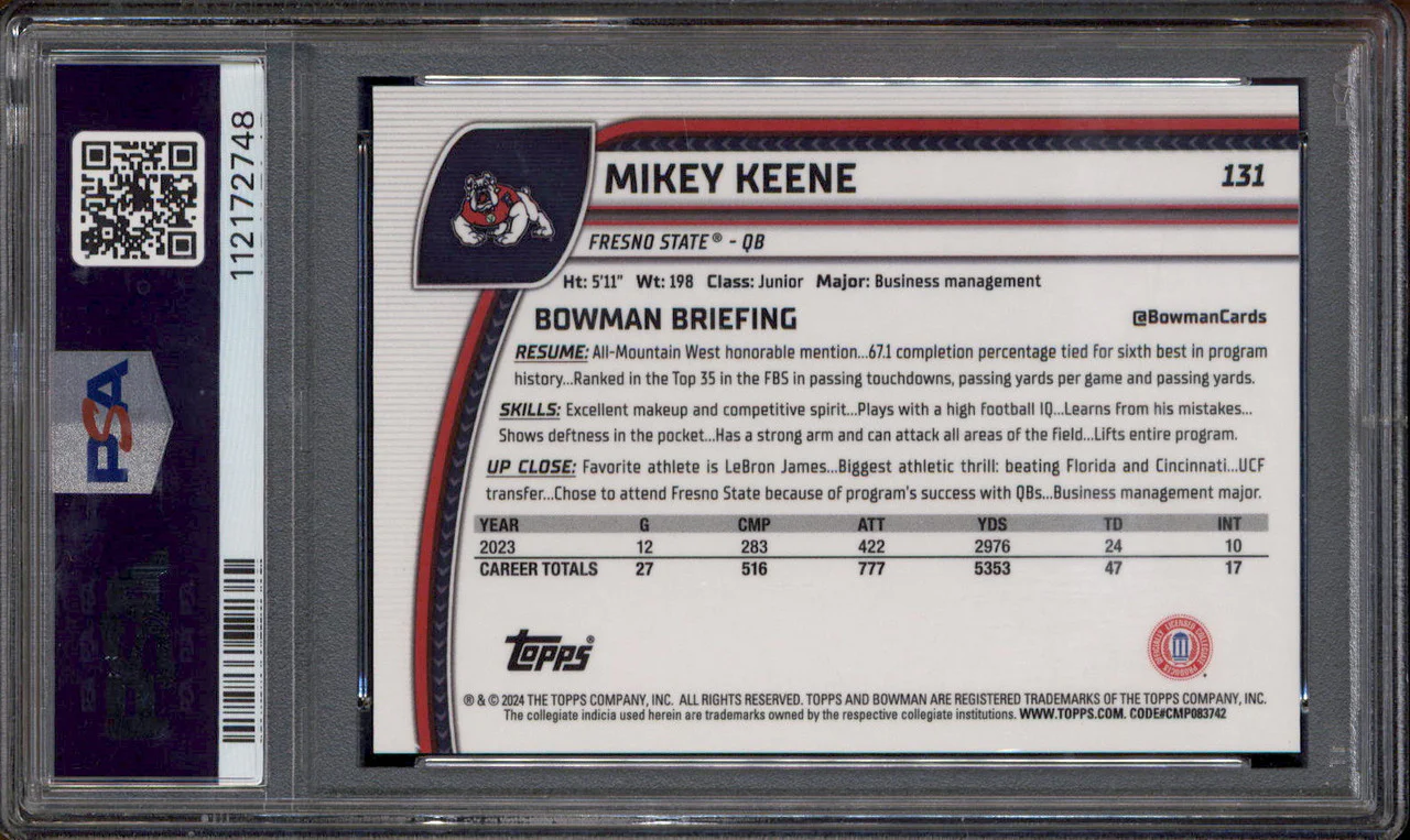 2024 Bowman University Chrome Sapphire Red Refractor Mikey Keene RC /5 PSA 10 - Image 2