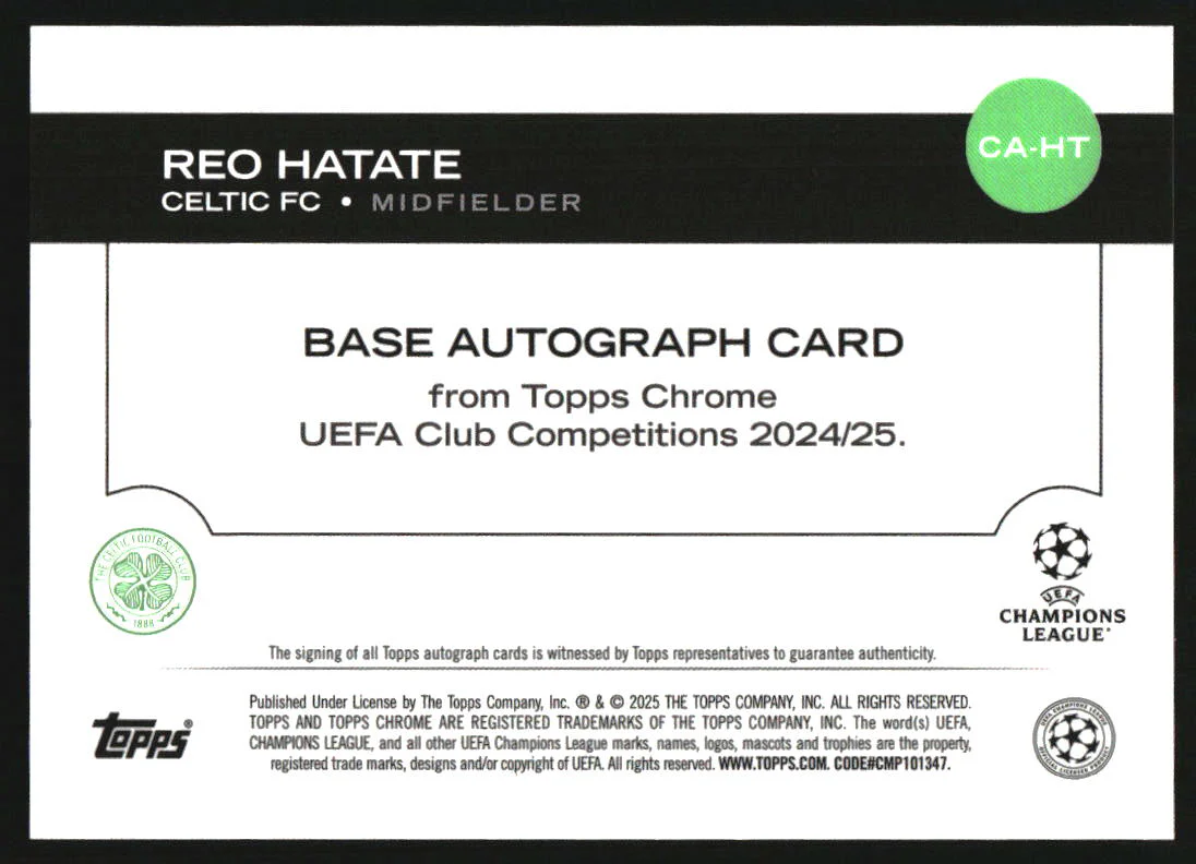 2024 Topps Chrome UEFA Autographs Black Geometric Refractor Reo Hatate Auto /10 - Image 2