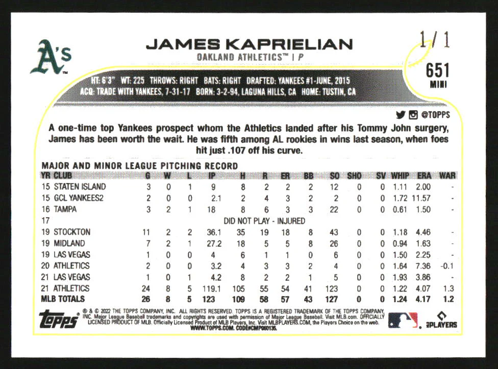 2022 Topps Mini Platinum #651 James Kaprielian 1/1 - Image 2