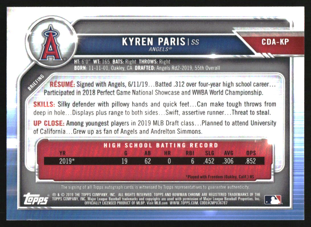 2019 Bowman Chrome Draft Autographs Purple Refractor Kyren Paris RC Auto /250 - Image 2