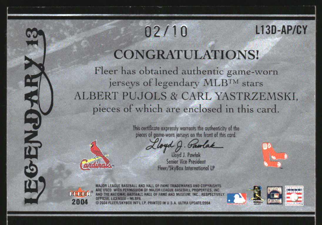 2004 Ultra Legendary Dual Game Used Platinum Albert Pujols Carl Yastrzemski /10 - Image 2