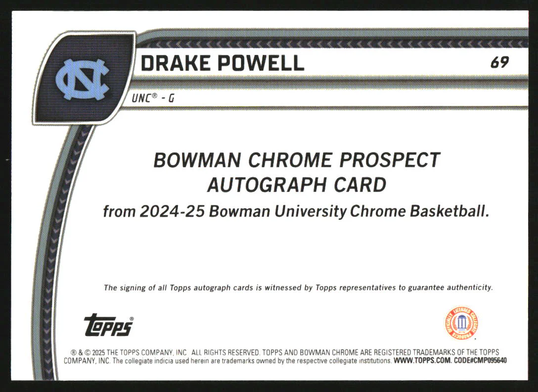 2024-25 Bowman University Chrome Reptilian Blue Refractor Drake Powell Auto /150 - Image 2