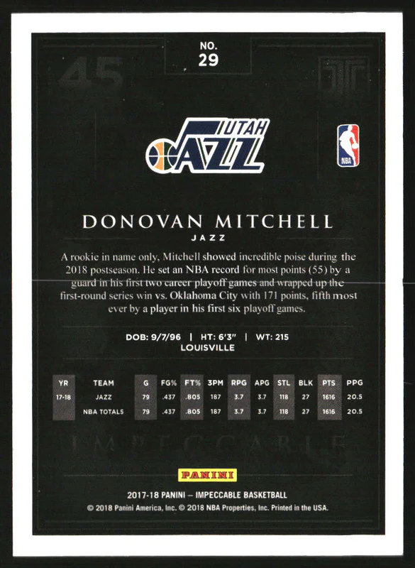 2017-18 Panini Impeccable #29 Donovan Mitchell RC /99 - Image 2