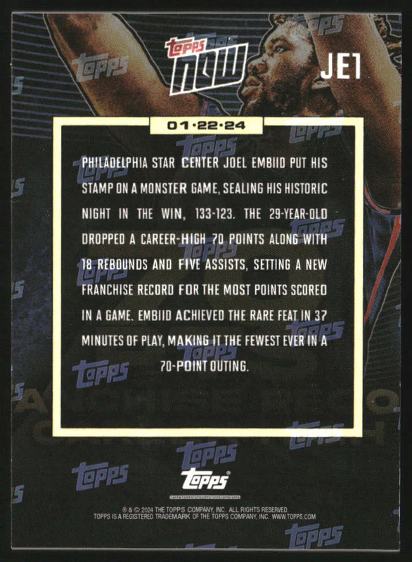 2024 Topps Now Red #JE1 Joel Embiid 70 Pts Franchise Record Career High /10 - Image 2