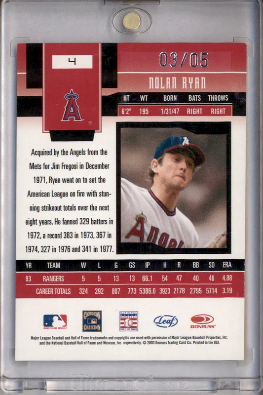 2003 Leaf Certified Materials Mirror Gold Autographs #4 Nolan Ryan Auto /5 - Image 2