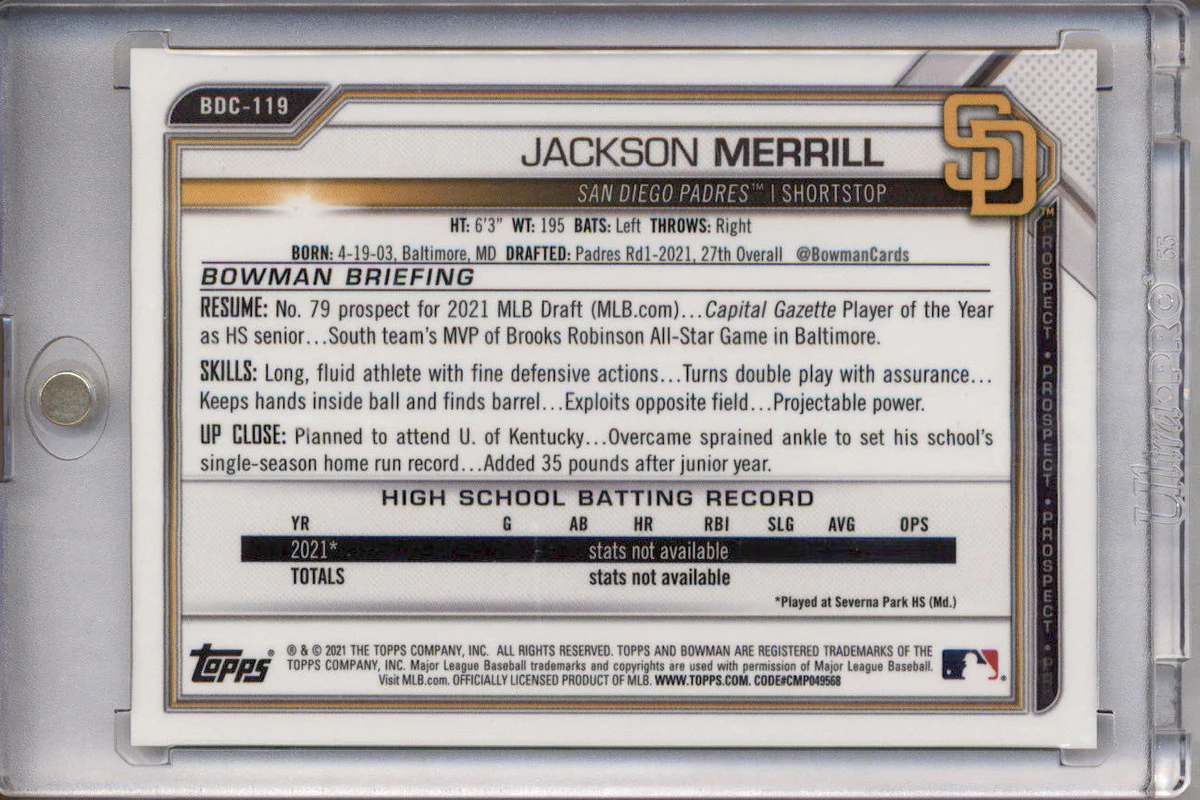 2021 Bowman Draft Chrome Gold Refractor #BDC-119 Jackson Merrill RC /50 - Image 2