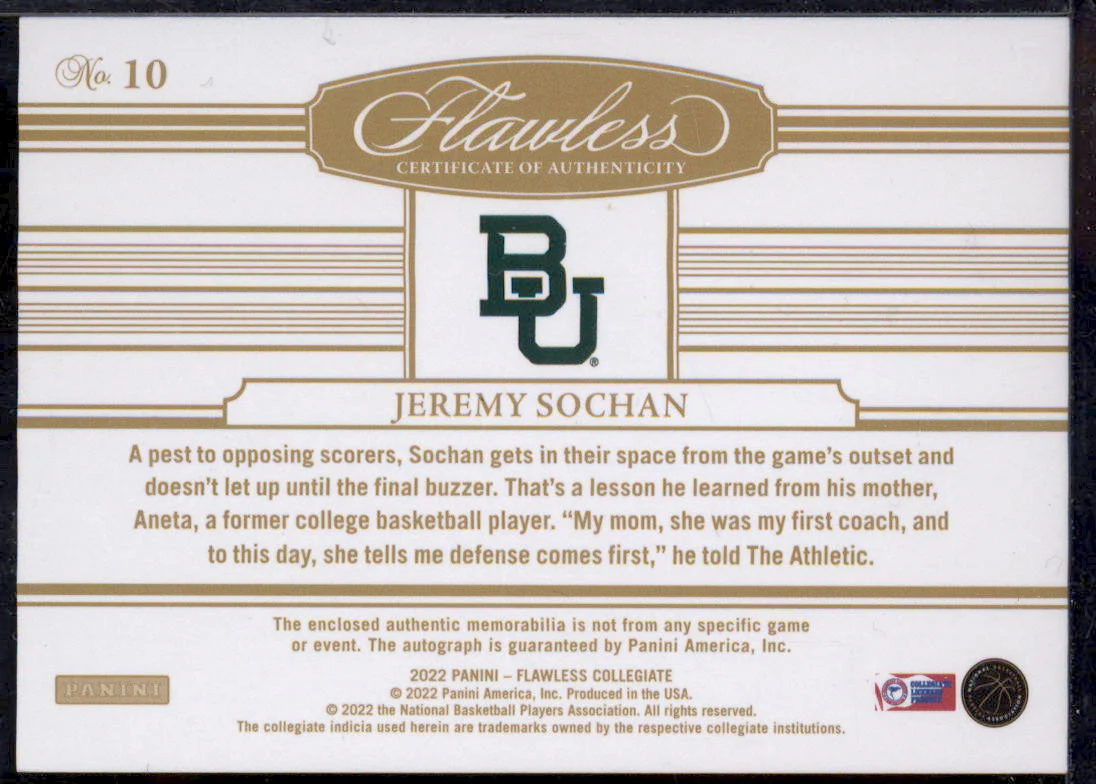 2022 Flawless Collegiate Horizontal Patch Auto Gold Jeremy Sochan RC /10 - Image 2