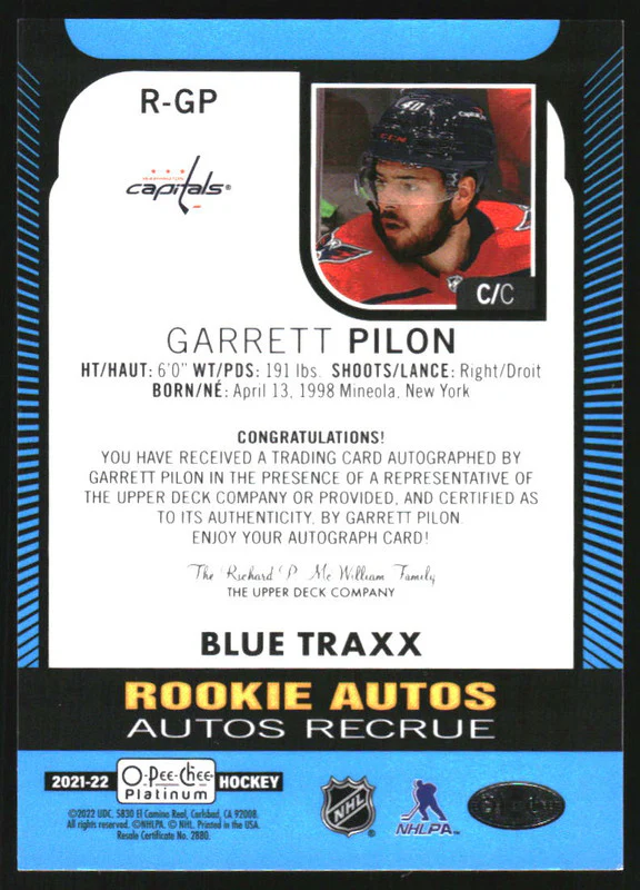 2021-22 O-Pee-Chee Platinum Rookie Autographs Blue Traxx Garrett Pilon Auto - Image 2