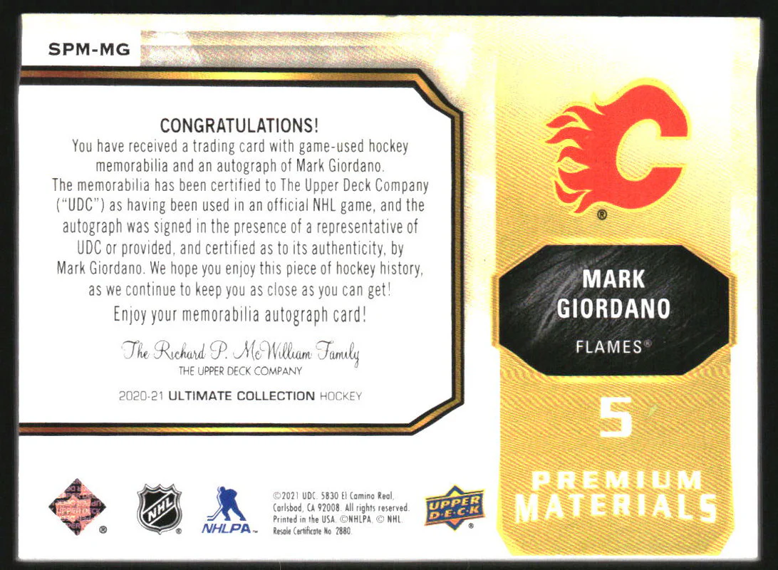 2020-21 Ultimate Collection Premium Material Signatures Mark Giordano Auto /35 - Image 2