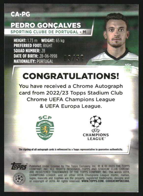 2022-23 Stadium Club Chrome UEFA Autographs Gold Prism Pedro Goncalves Auto /50 - Image 2