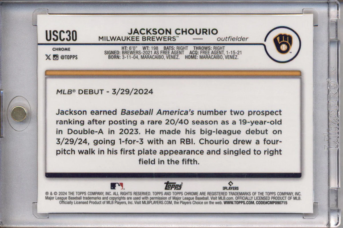 2024 Topps Chrome Update Gold Refractor #USC30 Jackson Chourio RC /50 - Image 2