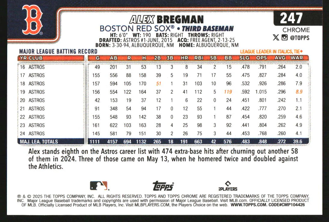 2025 Topps Chrome LogoFractor Edition Black Refractor #247 Alex Bregman /10 - Image 2
