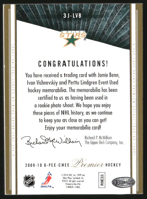 2009-10 O-Pee-Chee Triple Jersey Lindgren Vishnevskiy Benn /15 - Image 2