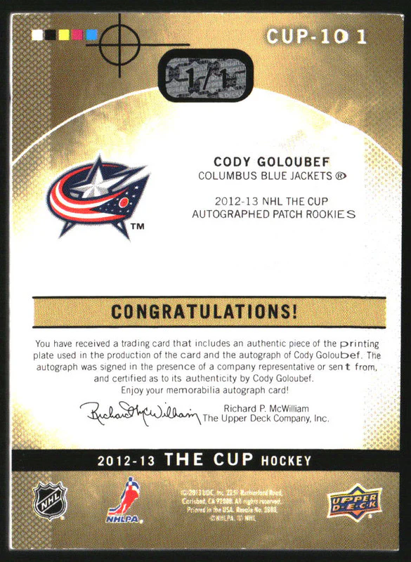 2012-13 The Cup Printing Plate Black Rookie Autograph Cody Goloubef RC Auto 1/1 - Image 2