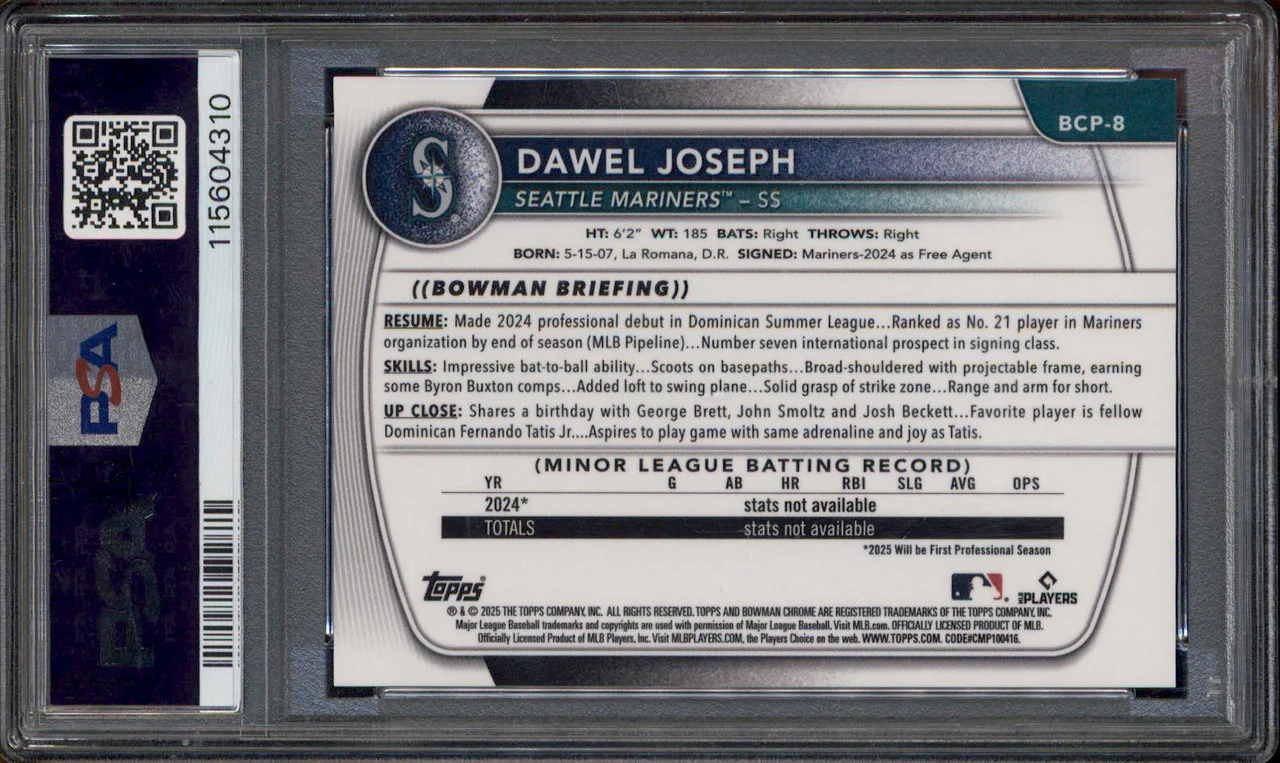 2025 Bowman Chrome Prospects Red Geometric #BCP8 Dawel Joseph /5 PSA 9 - Image 2