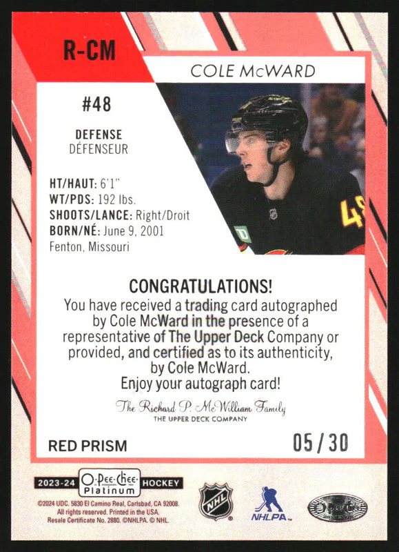 2023 O-Pee-Chee Platinum Rookie Auto Red Prism #R-CM Cole McWard RC Auto /30 - Image 2