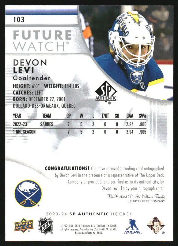2023 SP Authentic #103 Devon Levi Autograph RC Future Watch Auto /999 - Image 2