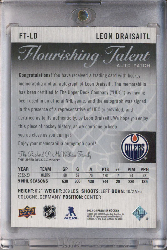 2023 Upper Deck Premier Flourishing Talent Auto Patch #FT-LD Leon Draisaitl /50 - Image 2