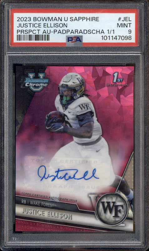2023 Bowman Chrome University Sapphire Padparadscha Justice Ellison RC 1/1 PSA 9