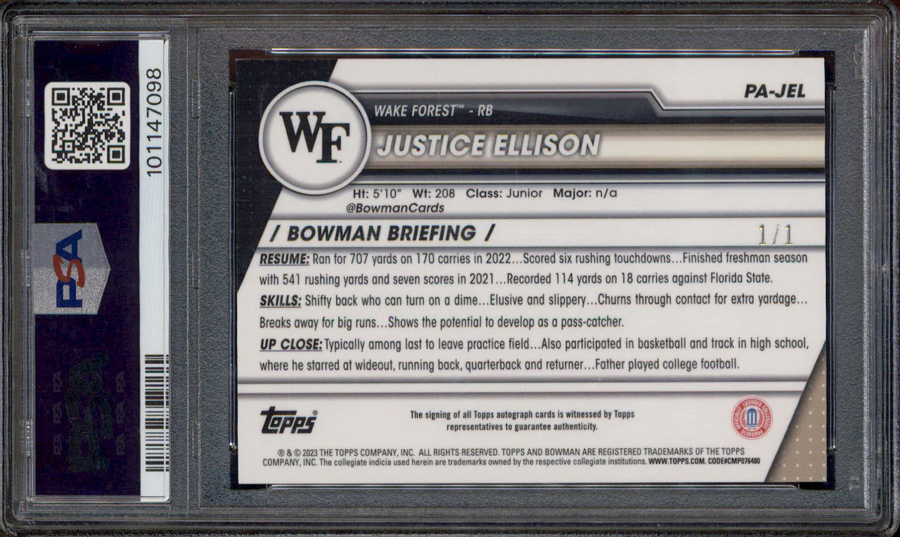 2023 Bowman Chrome University Sapphire Padparadscha Justice Ellison RC 1/1 PSA 9 - Image 2