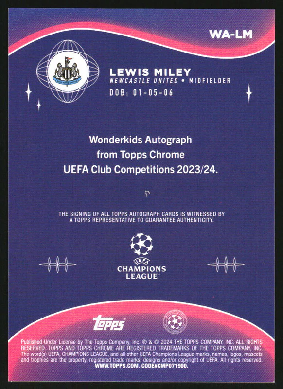 2023-24 Topps Chrome UEFA Club Competitions Wonderkids Auto Lewis Miley - Image 2