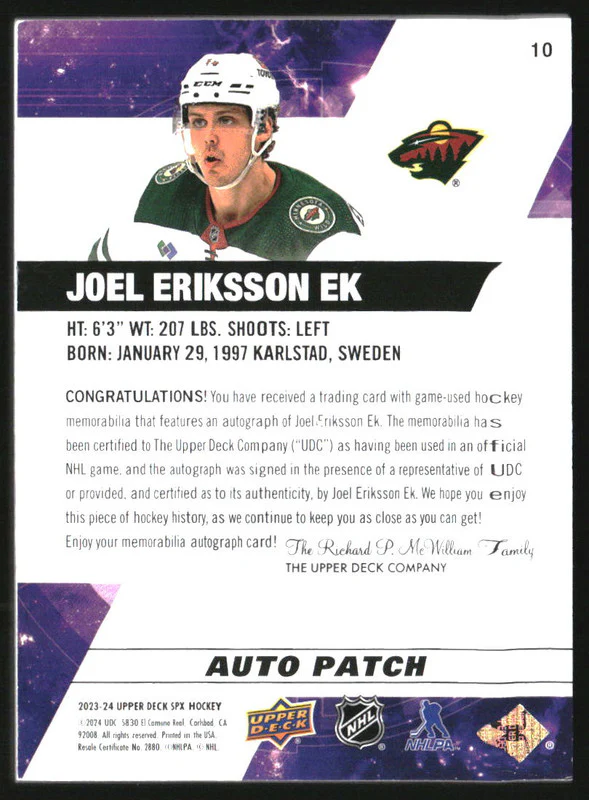 2023-24 SPx Patch Autographs #10 Joel Eriksson Ek Auto /49 - Image 2