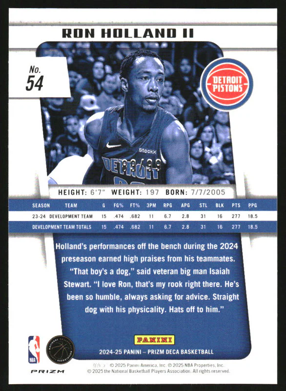 2024-25 Panini Prizm Deca Purple Prizms #54 Ron Holland II /99 - Image 2