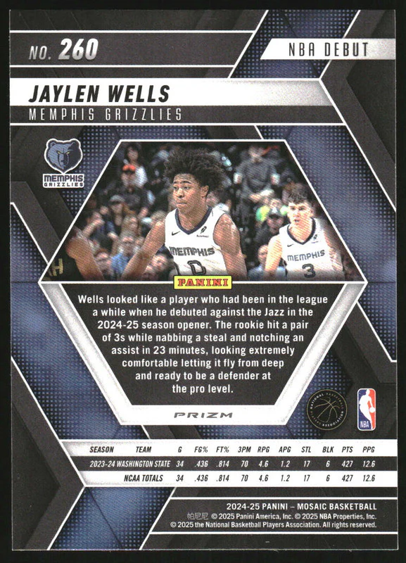 2024-25 Panini Mosaic Glitter Mosaic #260 Jaylen Wells NBA Debut RC - Image 2