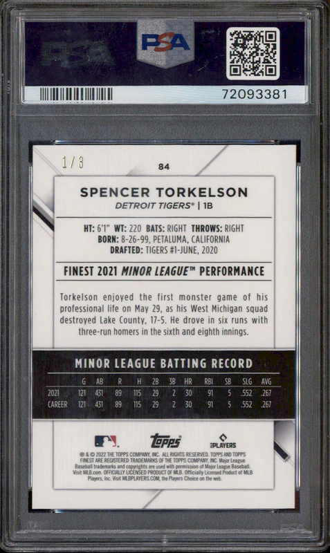 2022 Topps Finest Purple Pink Vapor Refractor #84 Spencer Torkelson RC /3 PSA 10 - Image 2
