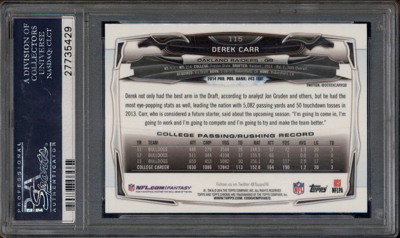 2014 Topps Chrome #115 Derek Carr With Ball RC Rookie PSA 10 - Image 2